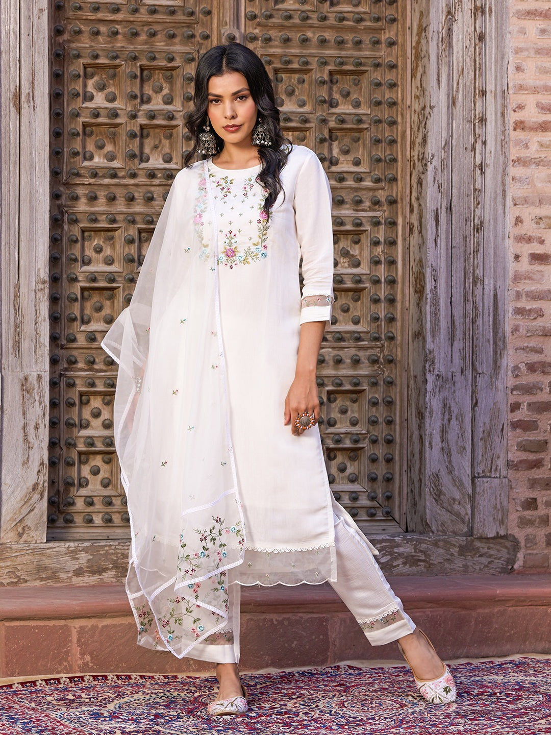 Women's White Embroidery Worked Viscose Chanderi Kurta Set - Dwija Fashion