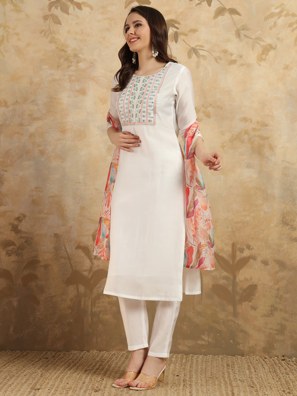 Women's Off White Chanderi Embroidery Worked Kurta With Pant And Duppata Set - Dwija Fashion