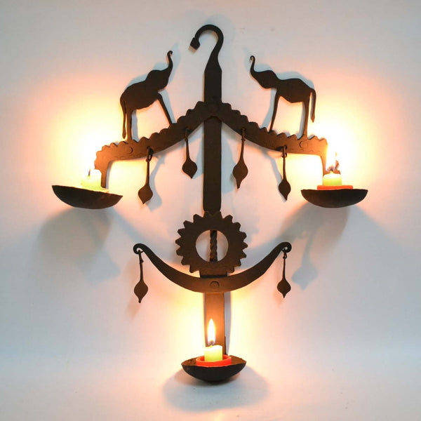 Wrought Iron 3 Candle Holder Metal Tribal Wall Hanging - Wiw023