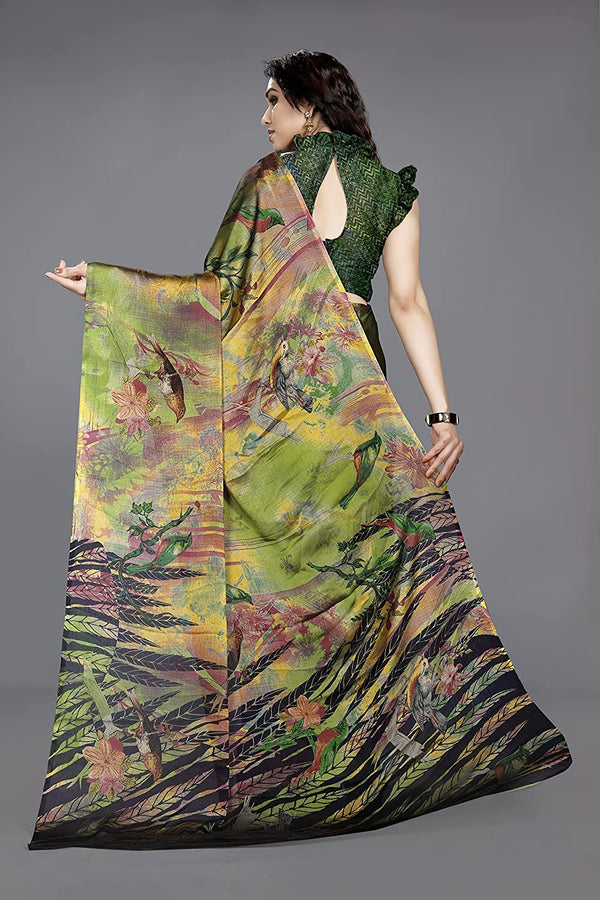 Women's Green Chiffon Printed Saree - Dwija Fashion