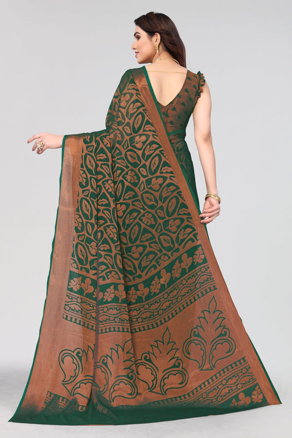 Women's Bottle Green Chiffon Brasso Printed Saree - Dwija Fashion