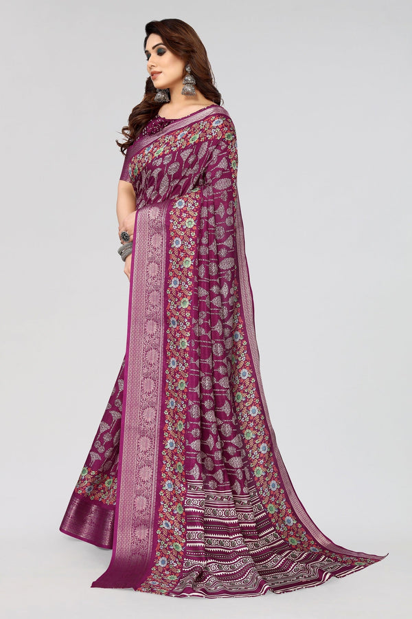 Women's Magenta Foil Print With Viscose Border Dhola Silk Saree - Dwija Fashion