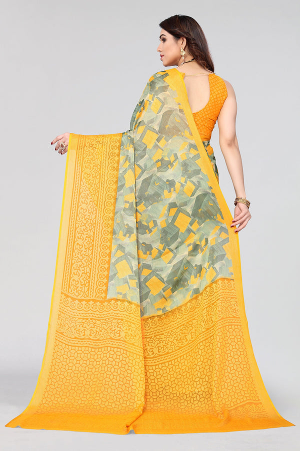 Women's Mustard Chiffon Brasso Printed Saree - Dwija Fashion