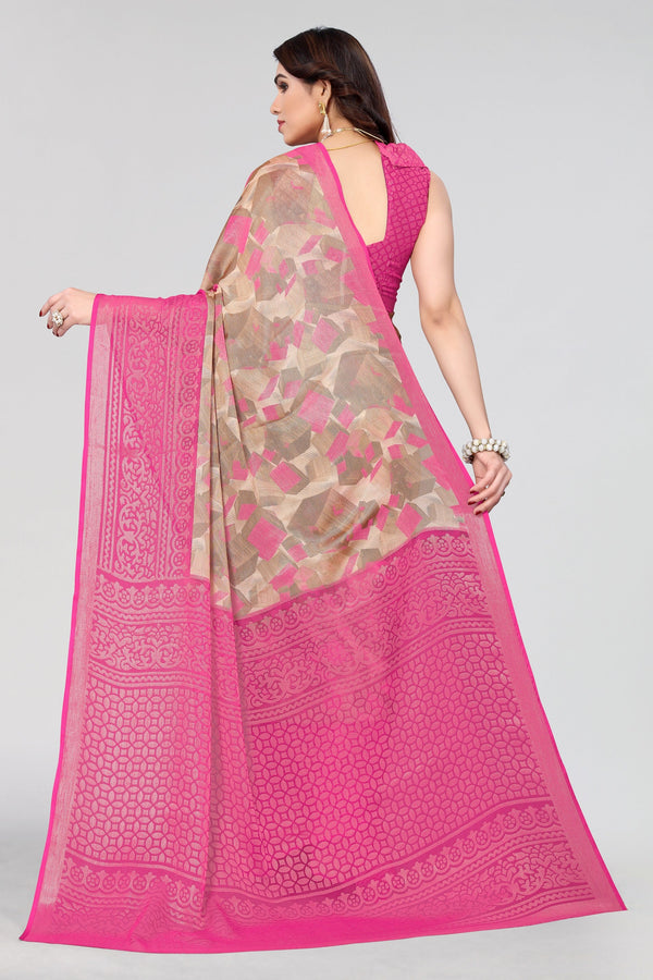 Women's Pink Chiffon Brasso Printed Saree - Dwija Fashion