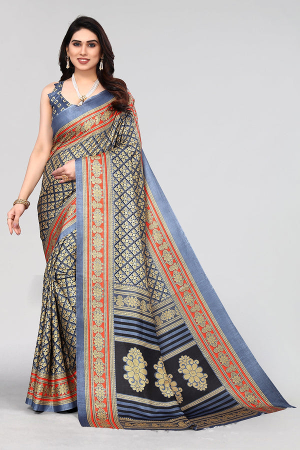 Women's Grey Printed Khadi Silk Saree - Dwija Fashion