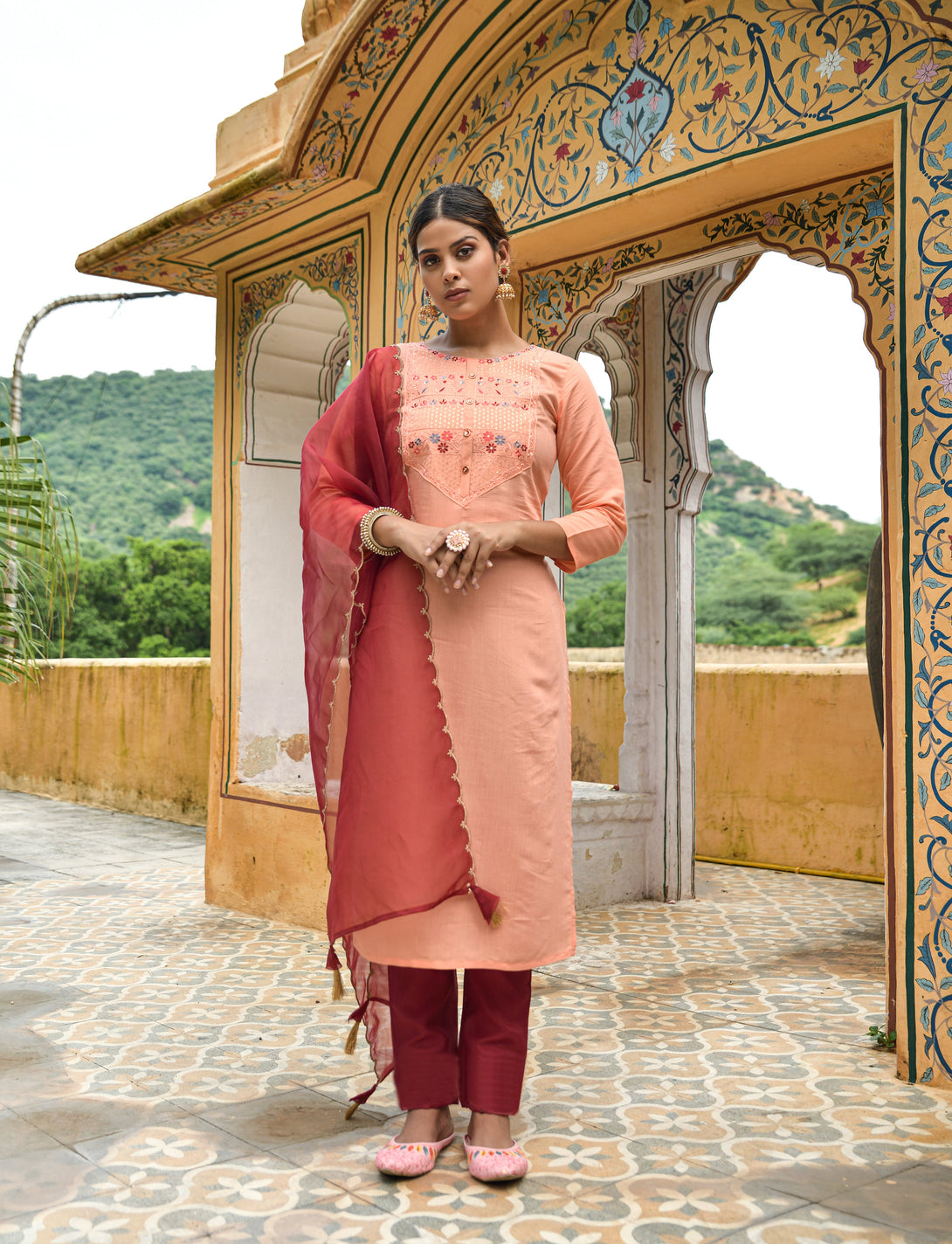 Women's Peach Designer Kurta Set  - Dwija Fashion