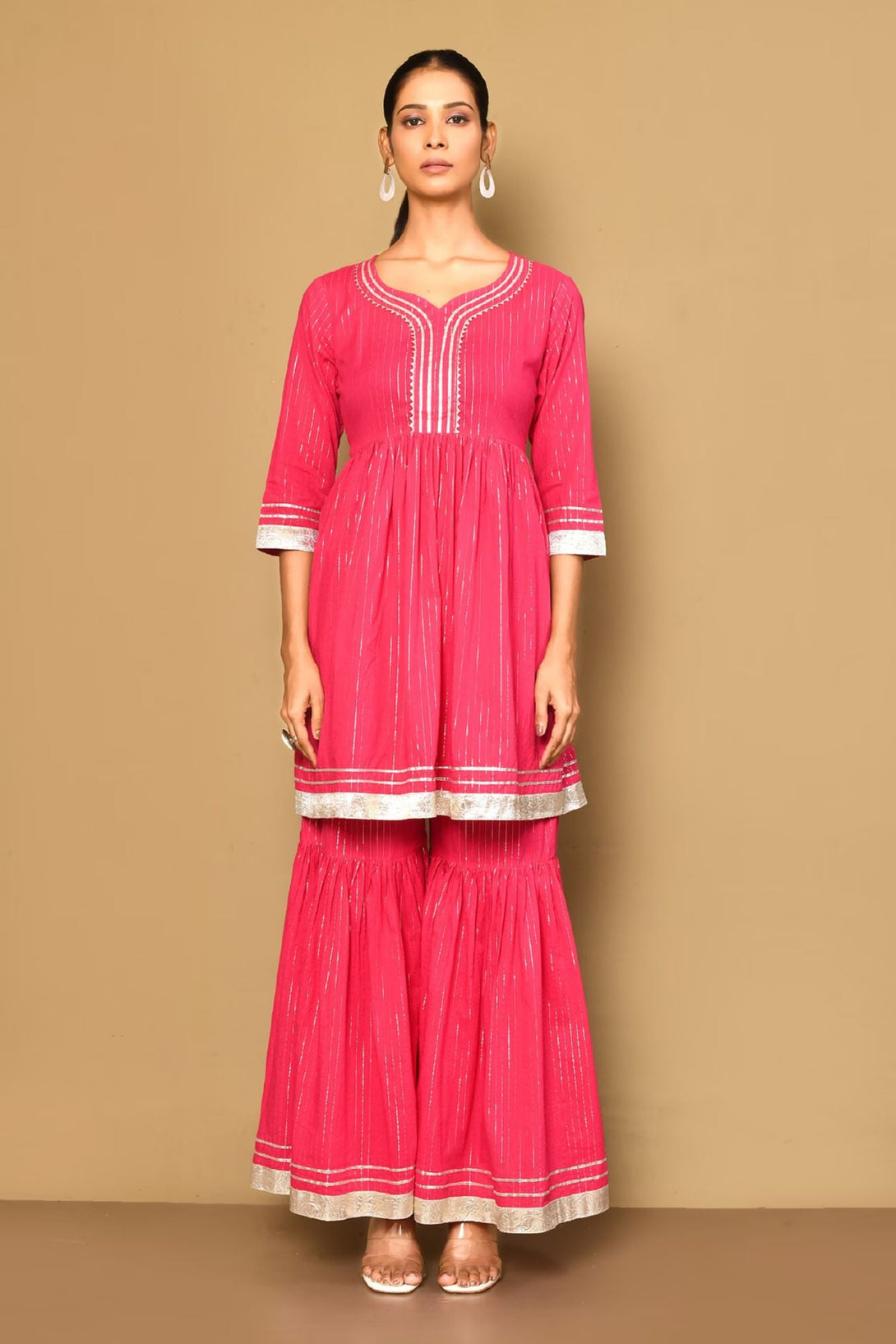 Women's Pink Printed A-Line Gotta Patti Lurex Cotton Kurti With Sharara - Miravan