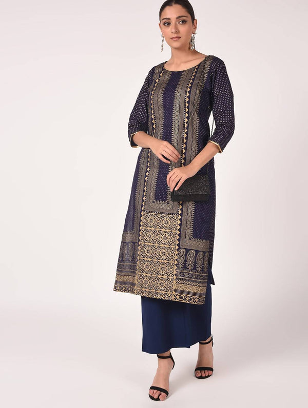 Women's Navy Hand Block Print Straight Kurta Only - Cheera