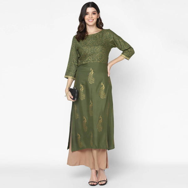 Women's Olive Green 100% Cotton Hand Block Print Straight Kurta Only - Cheera