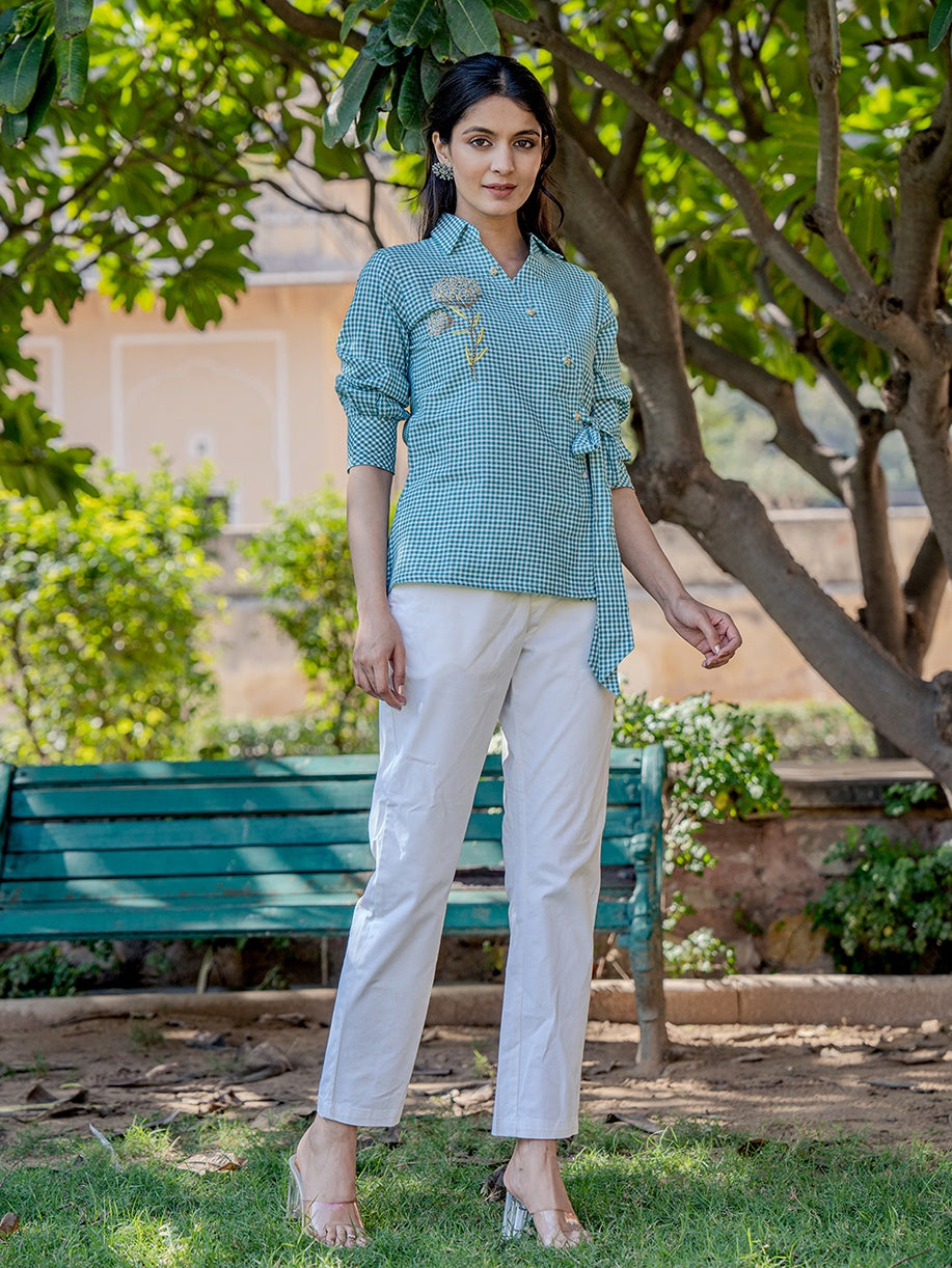 Weaved Sea Green Cotton Checks Printed Top With Embroidery-Indiakreations-JS1503TOPSGS