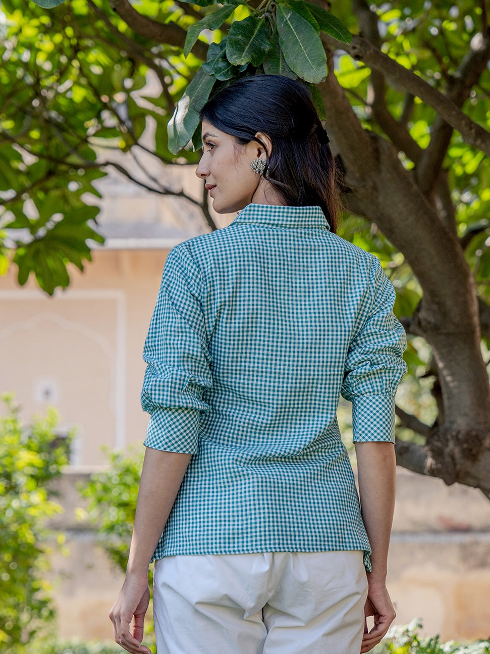 Weaved Sea Green Cotton Checks Printed Top With Embroidery-Indiakreations-JS1503TOPSGS