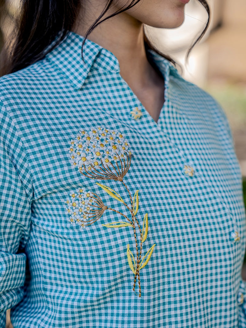 Weaved Sea Green Cotton Checks Printed Top With Embroidery-Indiakreations-JS1503TOPSGS