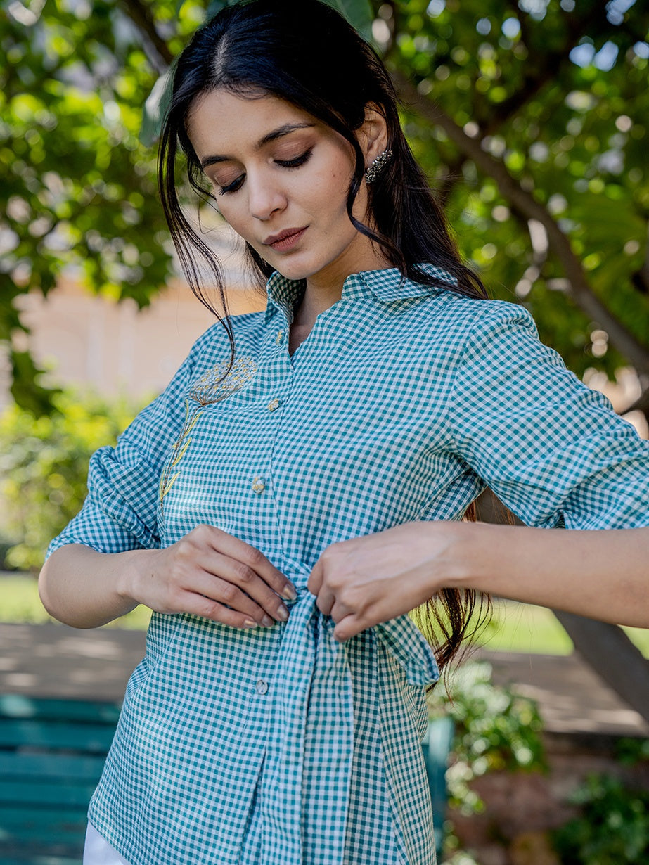 Weaved Sea Green Cotton Checks Printed Top With Embroidery-Indiakreations-JS1503TOPSGS