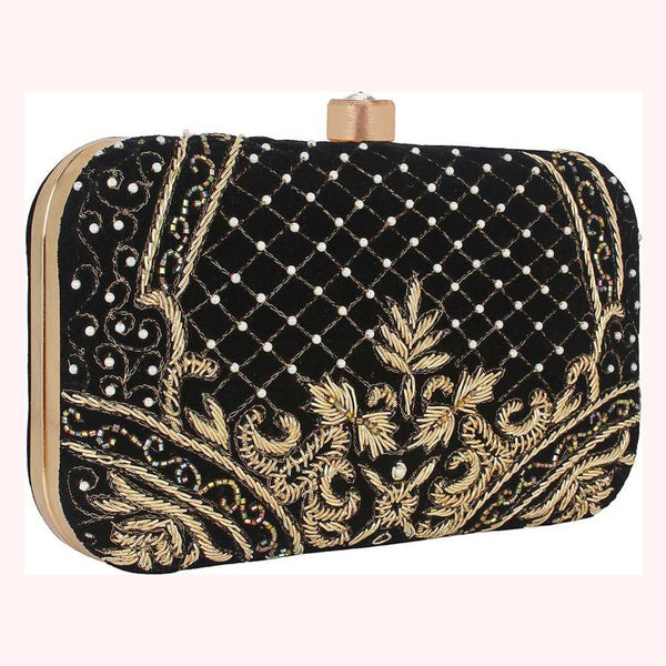 Women's Black Color Adorn Embroidered & Embelished Party Clutch - VASTANS