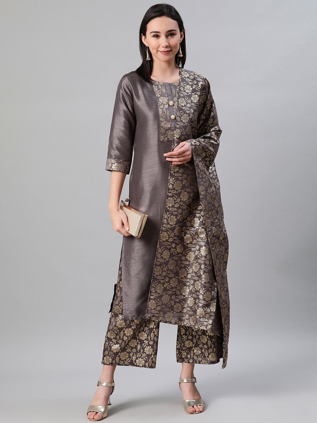 Women Grey Silk Kurta with Palazzo and Dupatta Set by Ziyaa (3 Pc Set)