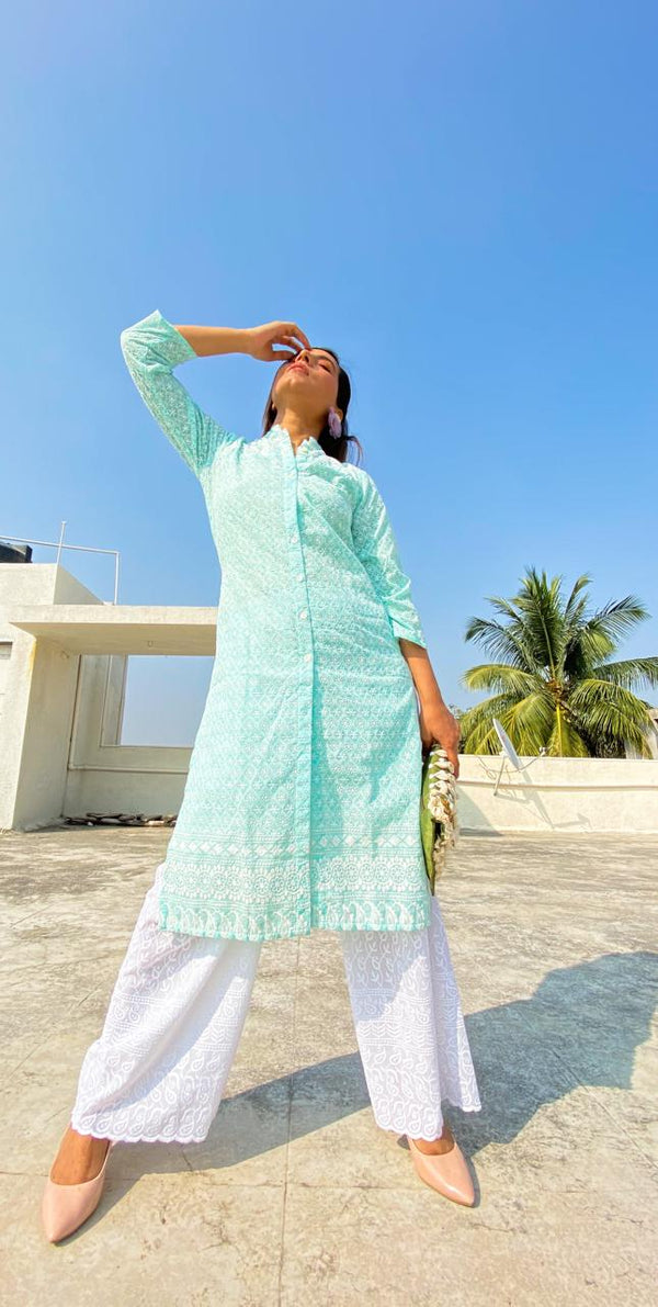 Women Sky Blue & White Chikankari Embroidered Kurta with Palazzos