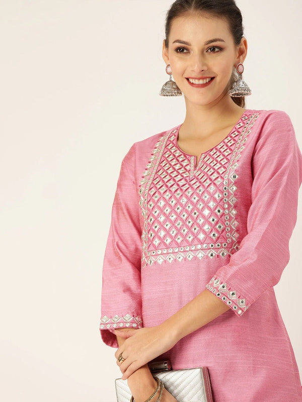 Women's Pink Yoke Design Kurta with Trousers - Varanga