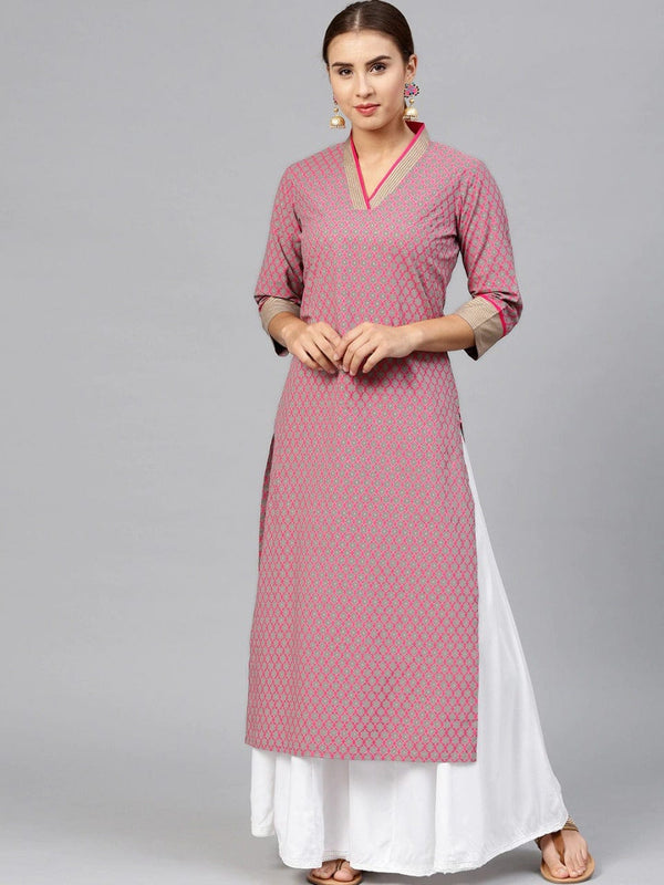 Women's Pink & Grey Printed Straight Kurta - Varanga