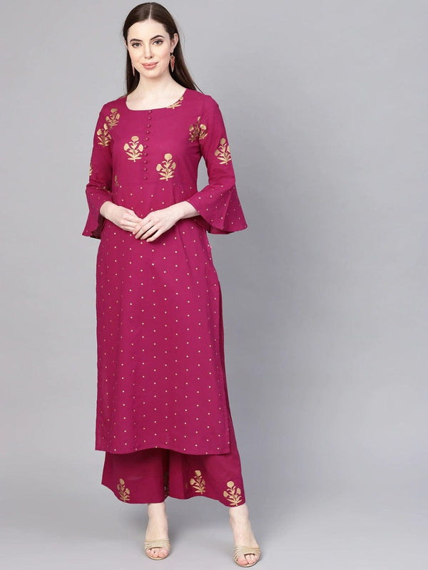 Women's Magenta & Golden Printed Kurta with Palazzos - Varanga