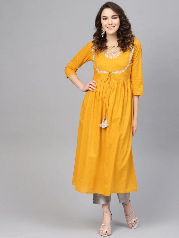 Women's Mustard Yellow Yoke Design Pure Cotton Gathered Keyhole Neck Kurta - Varanga