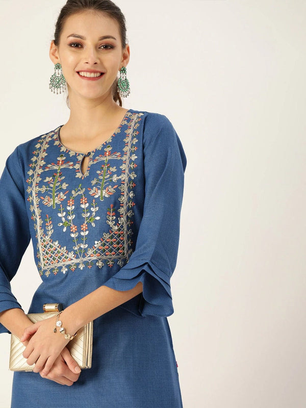 Women's Blue & Beige Embroidered Straight Kurta - Varanga