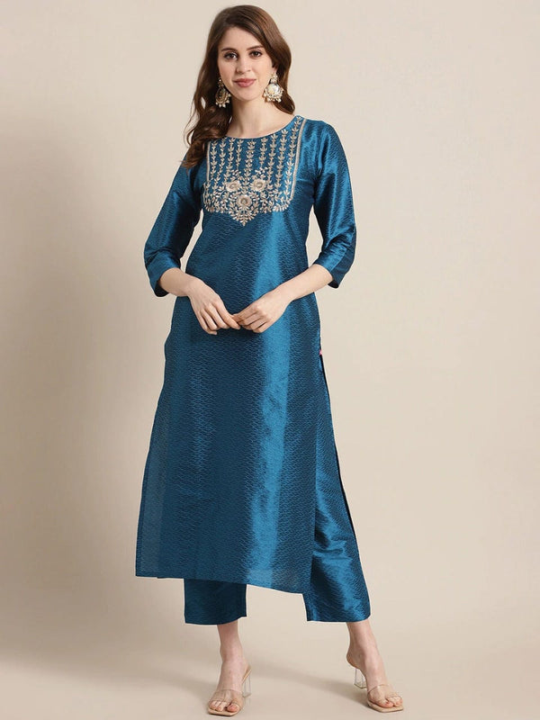 Women's Blue Woven Design Kurta with Trousers - Varanga