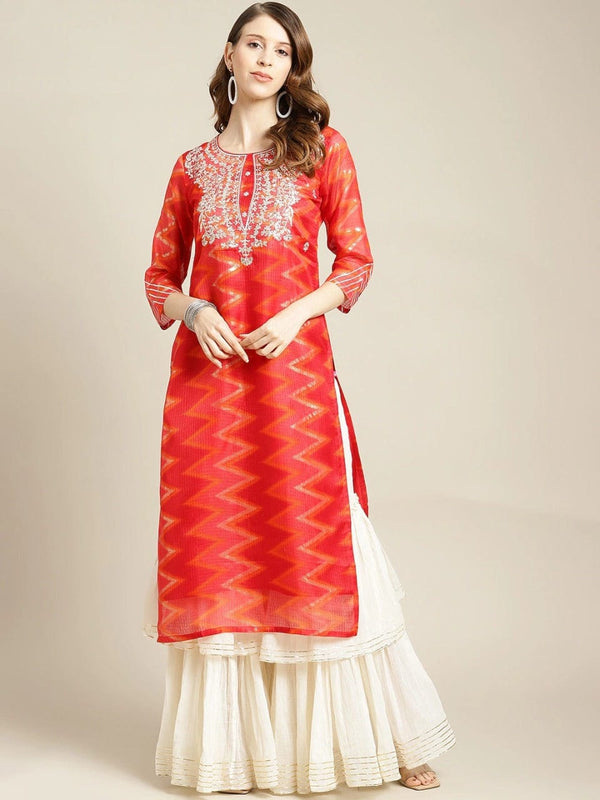 Women's Red Thread Work Cotton Kurta - Varanga