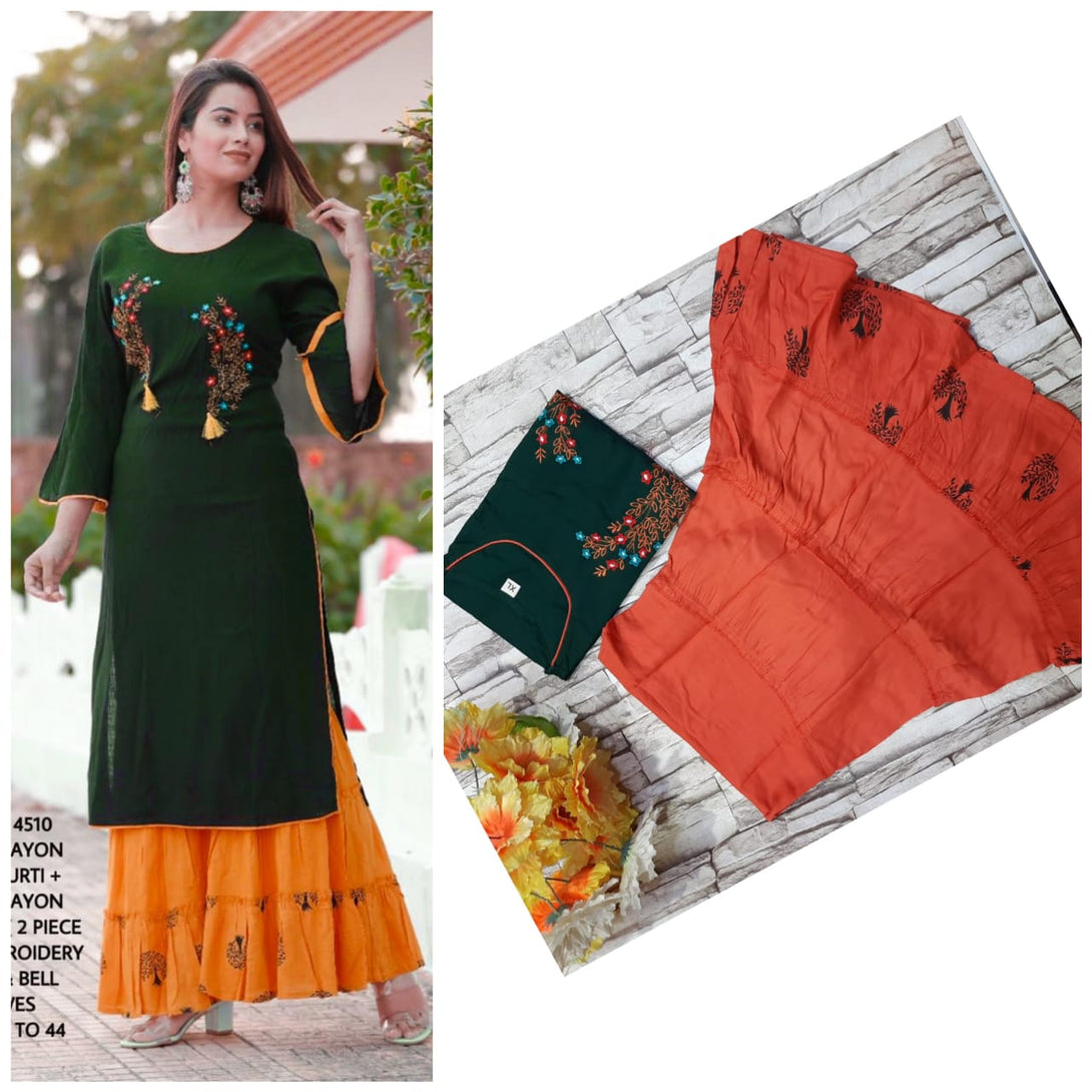 Women's Embroidery Work Kurti With Printed Sharara - Manohara