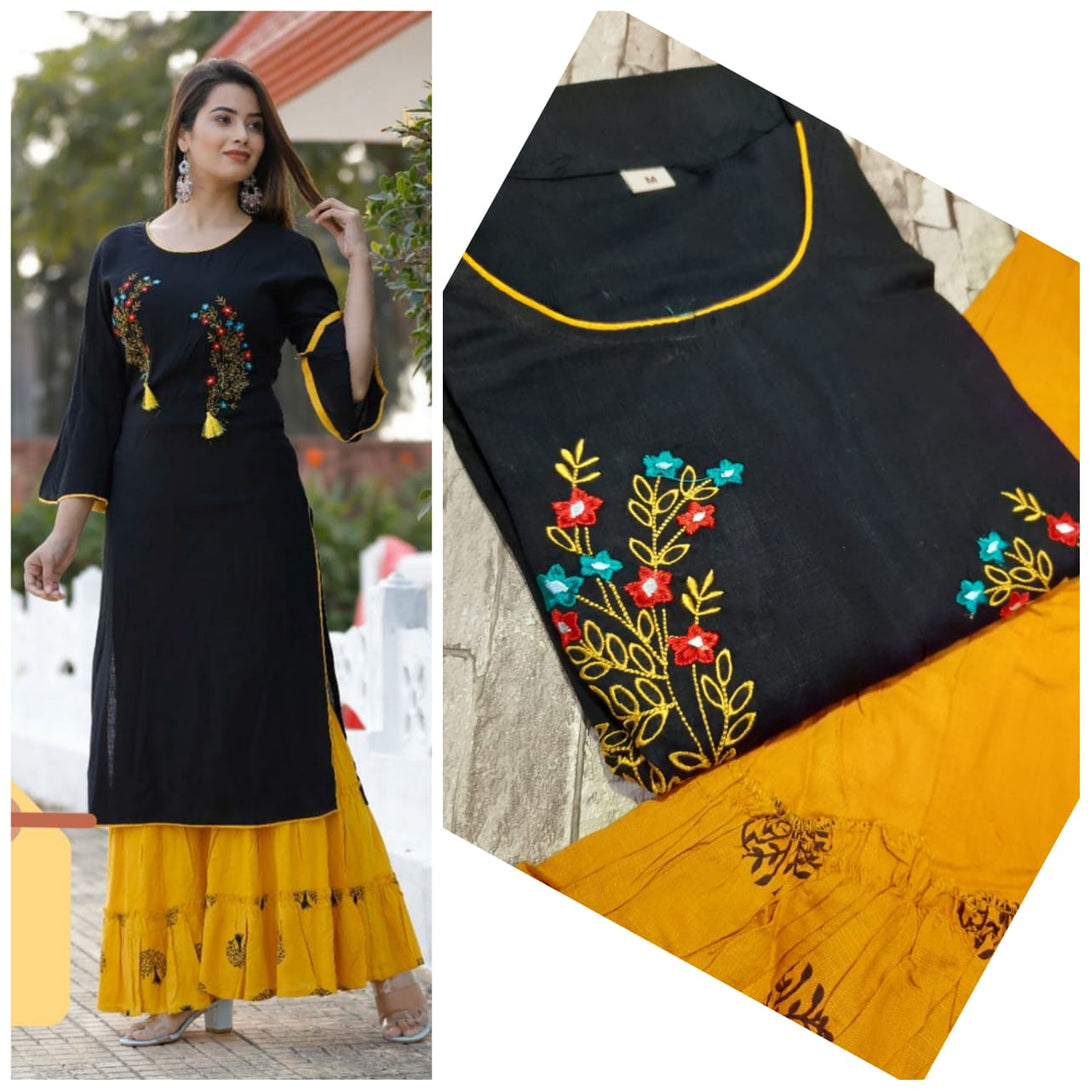 Women's Embroidery Work Kurti With Printed Sharara - Manohara