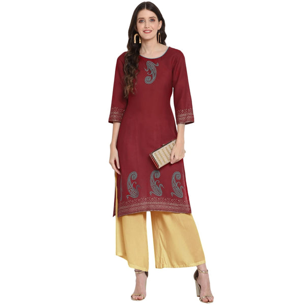 Women's Maroon Printed Straight Kurta - Wahe-Noor