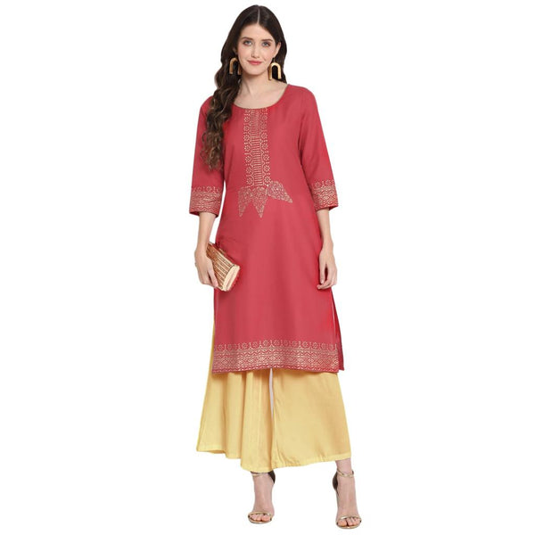 Women's Pink Printed Straight Kurta - Wahe-Noor