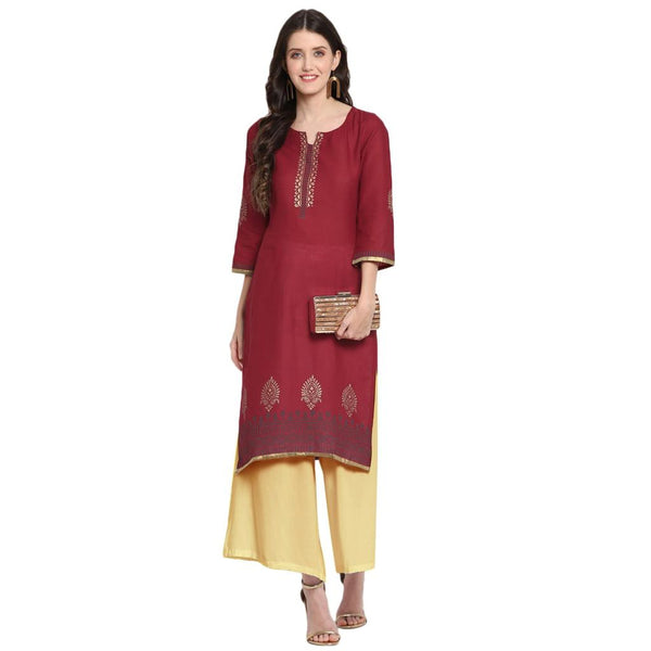 Women's Maroon Printed Straight Kurta - Wahe-Noor