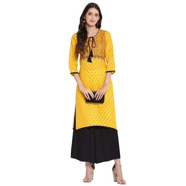 Women's Mustard Printed Straight Kurta - Wahe-Noor