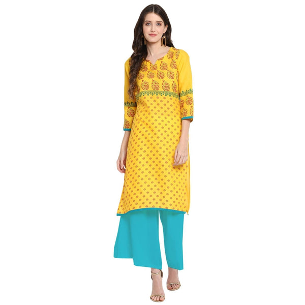 Women's Mustard Printed Straight Kurta - Wahe-Noor