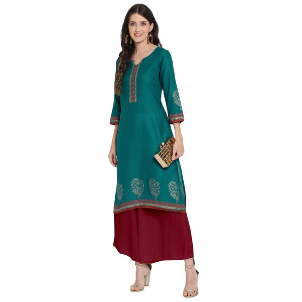 Women's Green Printed Straight Kurta - Wahe-Noor