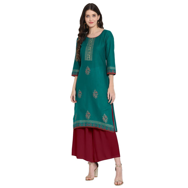 Women's Green Printed Straight Kurta - Wahe-Noor