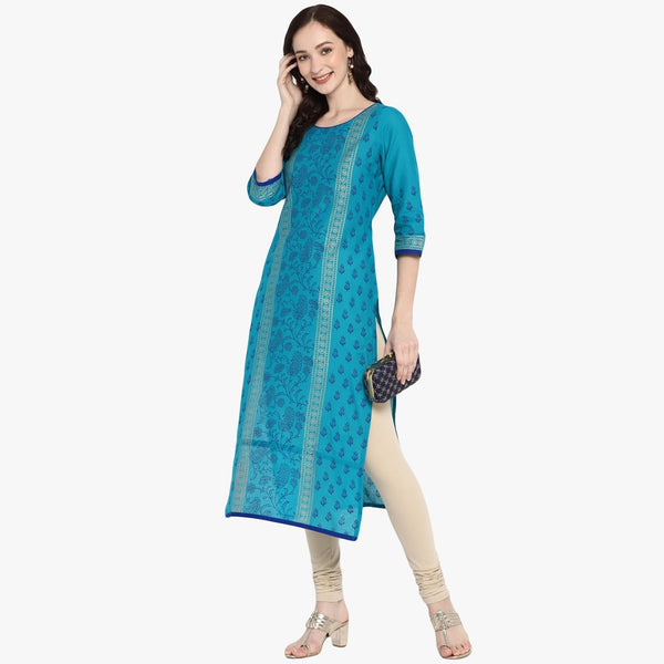 Women's Blue Cotton Printed Straight Kurti With Block Print - Wahe-Noor