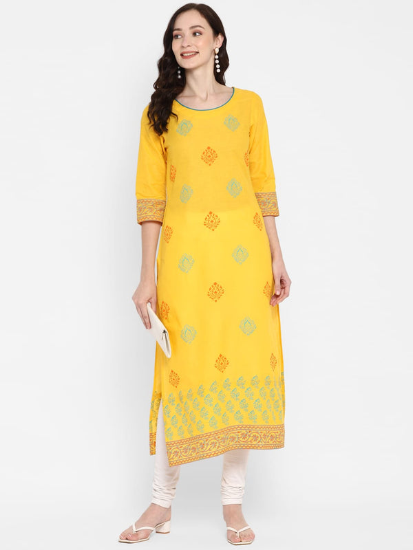 Women's Yellow Cotton Printed Straight Kurti With Block Print - Wahe-Noor