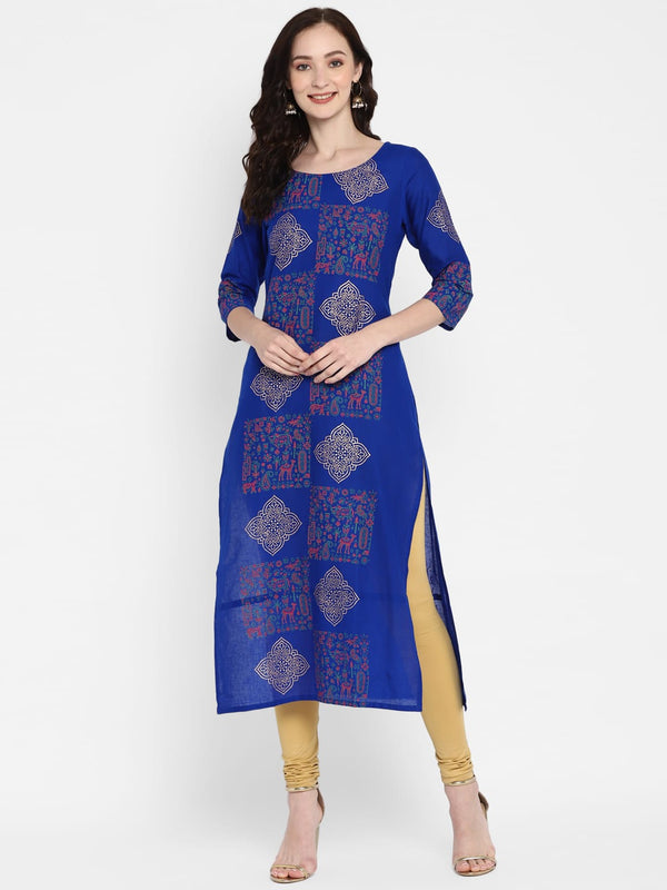 Women's Blue Cotton Printed Straight Kurti With Block Print - Wahe-Noor