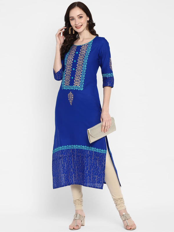 Women's Blue Cotton Printed Straight Kurti With Block Print - Wahe-Noor