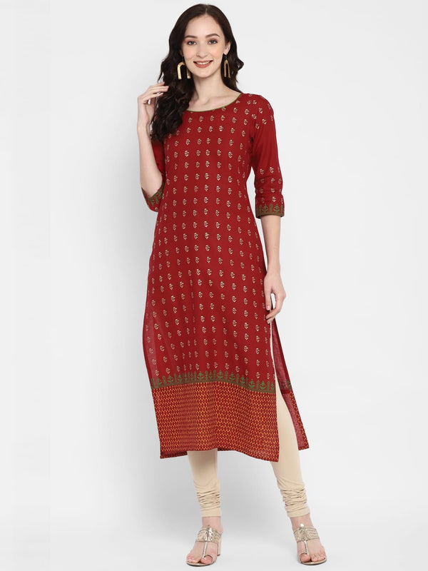 Women's Maroon Cotton Printed Straight Kurti With Block Print - Wahe-Noor