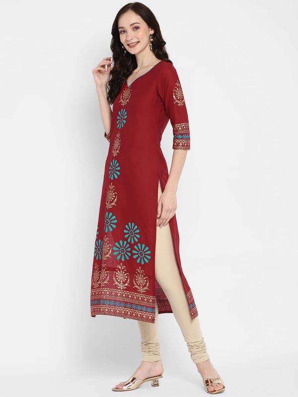 Women's Maroon Cotton Printed Straight Kurti With Block Print - Wahe-Noor