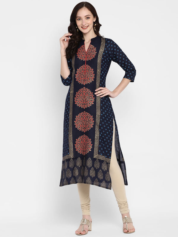 Women's Navy Blue Cotton Printed Straight Kurti With Block Print - Wahe-Noor