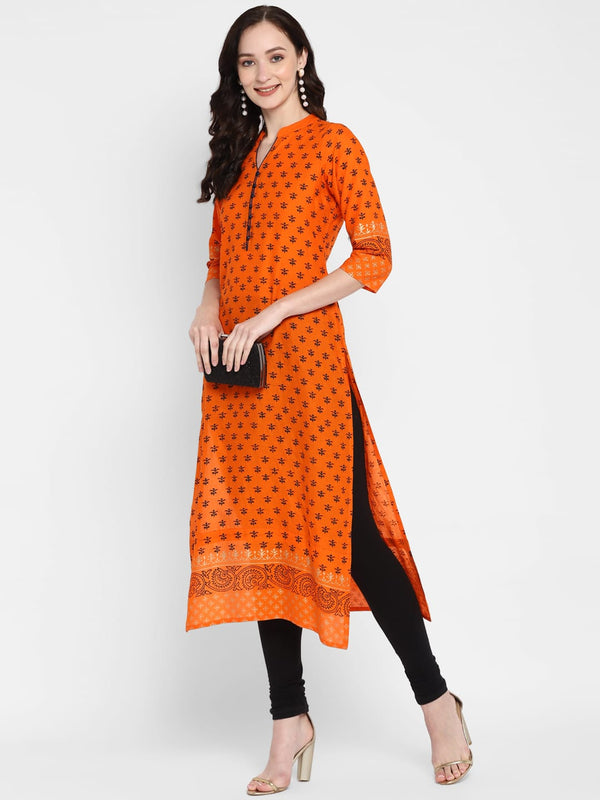 Women's Orange Cotton Printed Straight Kurti With Block Print - Wahe-Noor