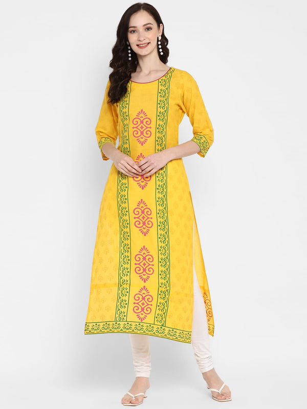 Women's Yellow Cotton Printed Straight Kurti With Block Print - Wahe-Noor