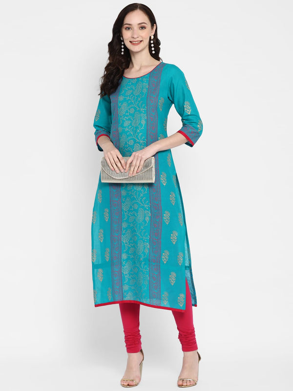 Women's Blue Cotton Printed Straight Kurti With Block Print - Wahe-Noor