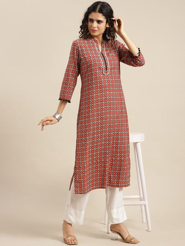 Women's Maroon Geometric Printed Cotton Kurta - Varanga