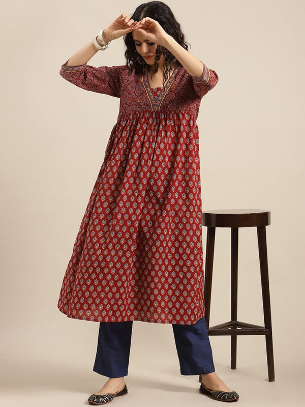 Women's Maroon Ethnic Motifs Printed Kurta - Varanga