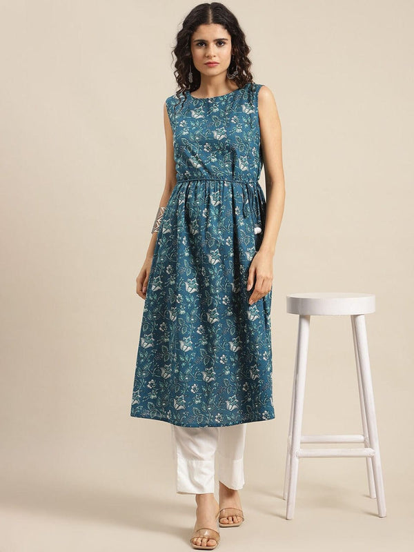 Women's Teal Green Ethnic Motifs Printed Kurta - Varanga