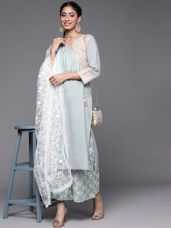 Women's Grey Ethnic Motifs Angrakha Pure Cotton Kurta with Palazzos & Dupatta - Varanga